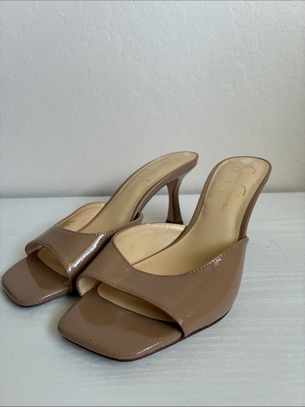 Jessica Simpson Patent Leather Taupe Mule Heels